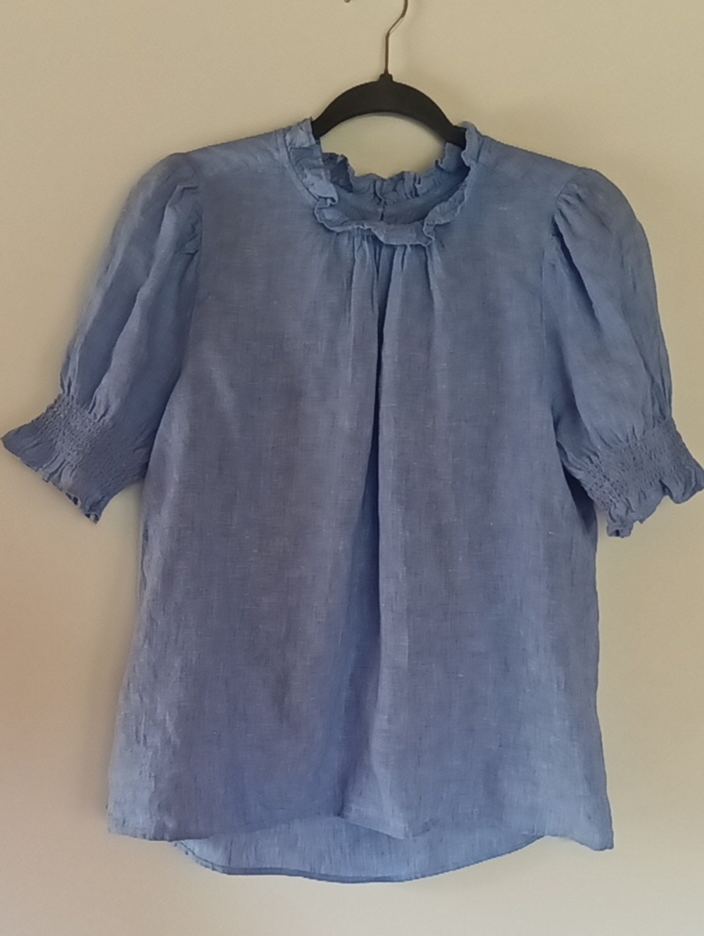 J. Crew Linen Light Blue Top with Ruffled Neckline And Smocked Puff Sleeves M